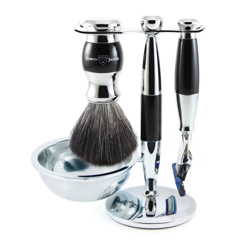 Shaving Accessories - Edwin Jagger 36 Range Set Of 4 Fusion Razor, Brush, Bowl & Holder Ebony/Chrome