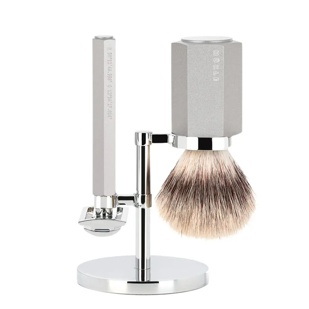 Shaving Accessories - Mühle Hexagon Set Of 3 Safety Razor, Silvertip Fiber Brush & Holder - Silver Gray 